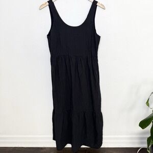 J Jill Black Smocked Back Flounced Hem Stripe Maxi‎ Dress Women's Medium Petite